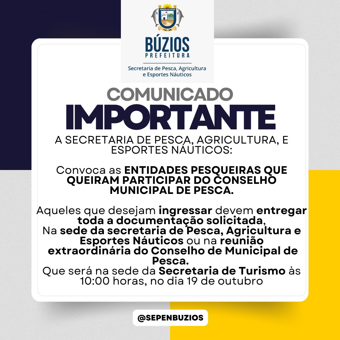 Secretaria da Pesca de Búzios convoca reunião extraordinária do Conselho Municipal de Pesca nesta quinta-feira